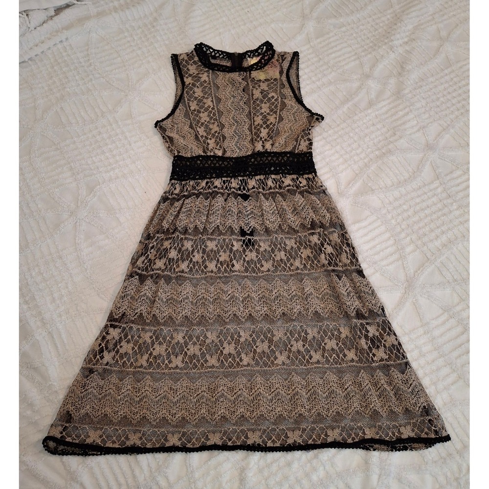 a'reve Womens Medium Tan Black Floral Lace Crochet Overlay Dress‎ Sleeveless NWT
